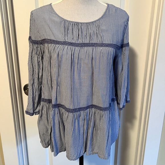 Max Studio Tiered Swing Top in Breezy Soft Rayon with Stripes in Blue - Picture 1 of 5